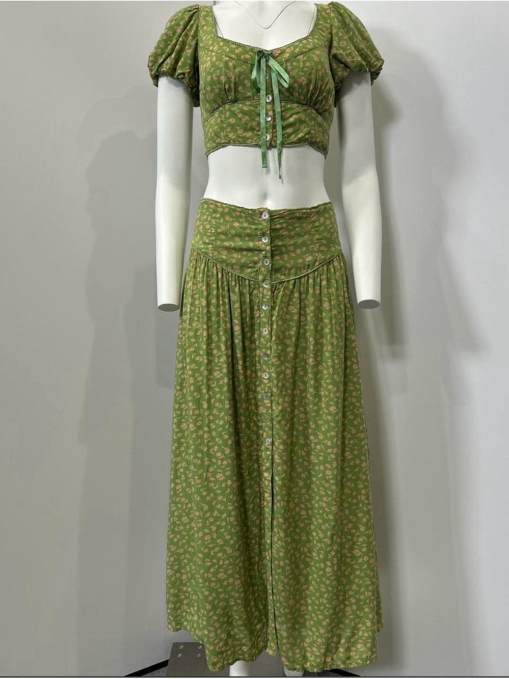 Free People Olive Green Floral Maxi Skirt - Button Front